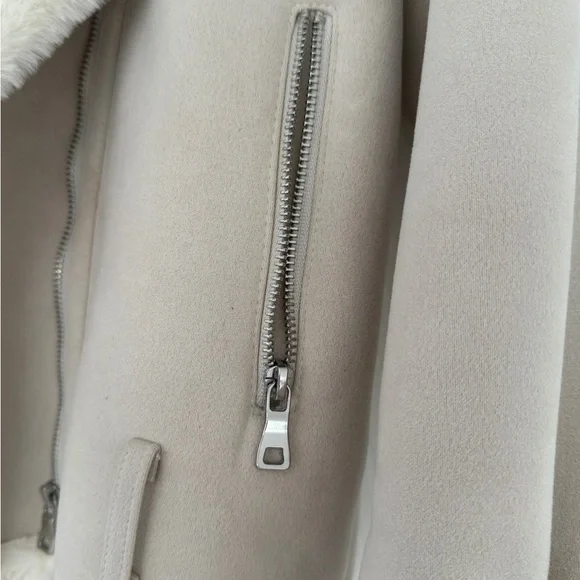 Beige Faux Shearling Aviator Jacket / Oversized Sherpa Lined Coat - Picture 3 of 6